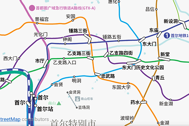 “换乘路线图”应用程序提供的韩国铁路平铺地图（屏幕示例）